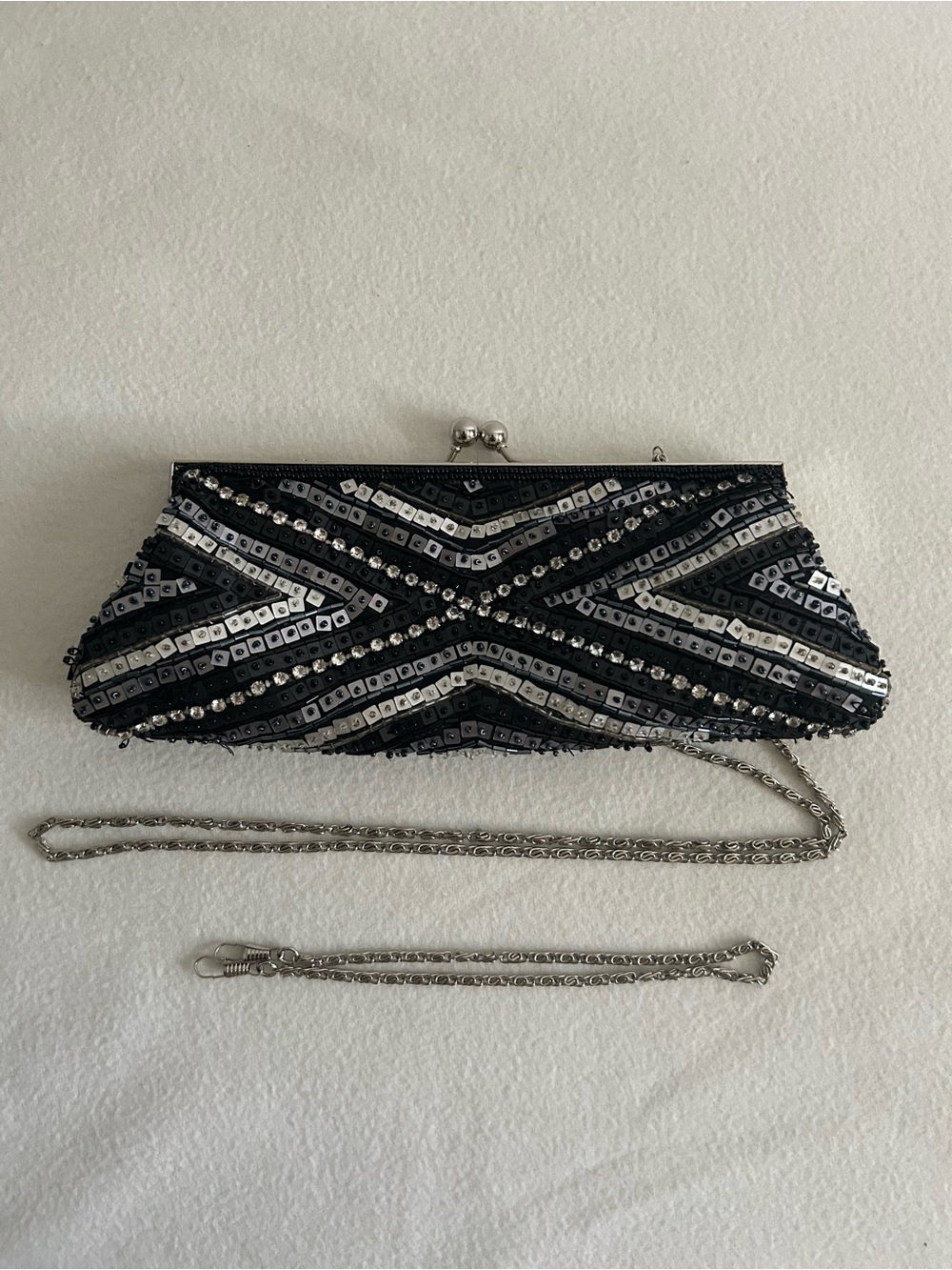 Aldo Beaded Black and Silver Evening Clutch with Chain Strap